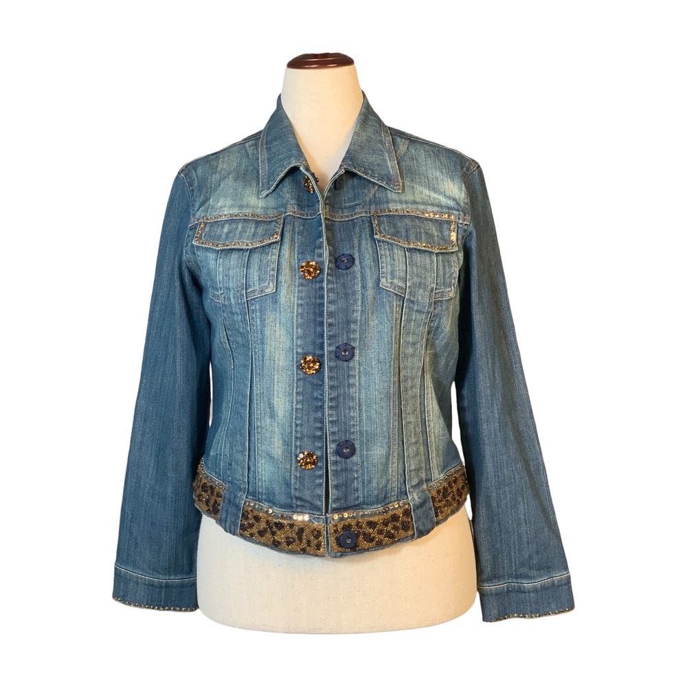 Berek Takako Sakon Blue Denim Jean Jacket Leopard Bead Sequin Medium